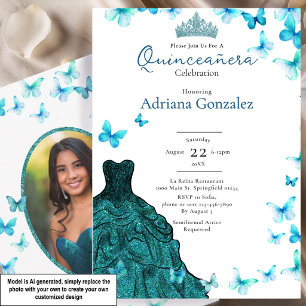 Convite Borboletas Azuis Vestido Tiara Foto Quinceanera