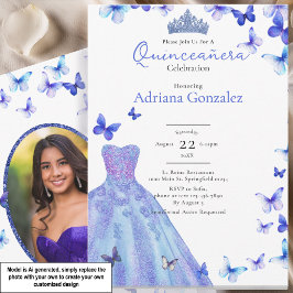 Convite Borboletas Azuis Vestido Tiara Foto Quinceanera
