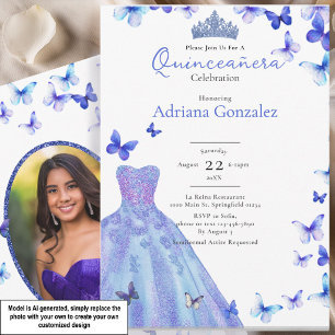 Convite Borboletas Azuis Vestido Tiara Foto Quinceanera