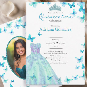 Convite Borboletas Azuis Vestido Tiara Foto Quinceanera