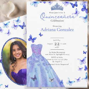 Convite Borboletas Azuis Vestido Tiara Foto Quinceanera