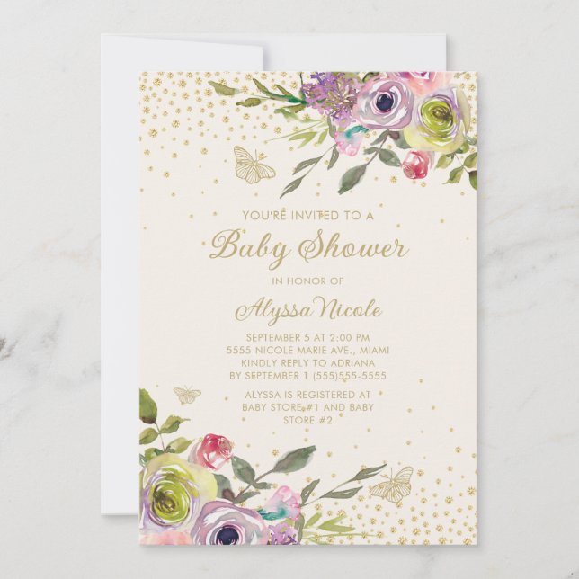 Convite Borboletas Brilho Dourado Floral Rosa Roxo Bebê  (Frente)