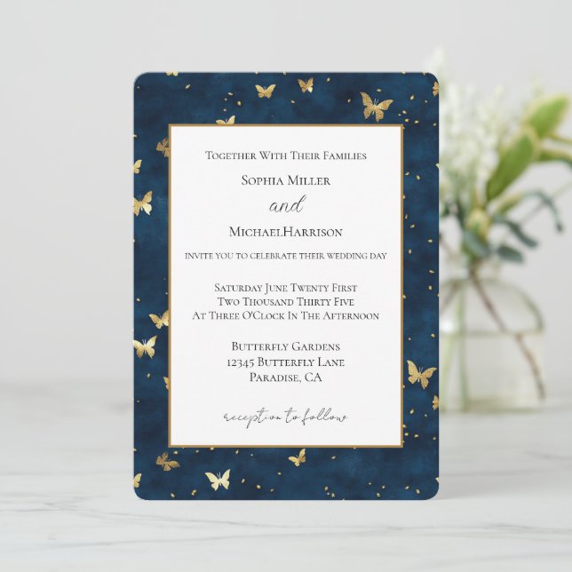 Convite Borboletas Casamento Azul Dourado (Em pé/Frente)