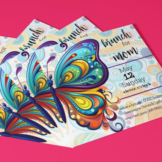 Convite Borboletas coloridas | Brunch para a mãe (Bright & bold butterflies on a customizable Mother's Day Brunch invitation. Rainbow themed. )