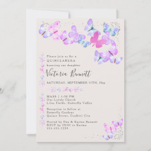 Convite Borboletas Confetes Prateados Quinceanera e Missa