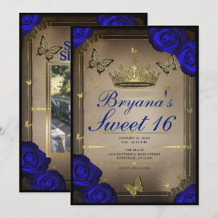 Convite Borboletas da Tiara de Ouro Rosas Azuis Sweet 16