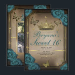 Convite Borboletas da Tiara Dourada Rosas Azul Claro Doce<br><div class="desc">Personalize da maneira que você quiser.</div>