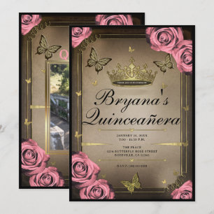 Convite Borboletas da Tiara Dourada Rosas Rosas Quinceañer