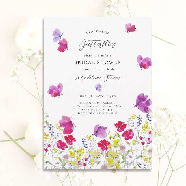 Convite Borboletas da vida Borboletas Wildflower Love Chá  (lifetime of butterflies theme bridal shower invitation whimsical wildflowers watercolor romantic)