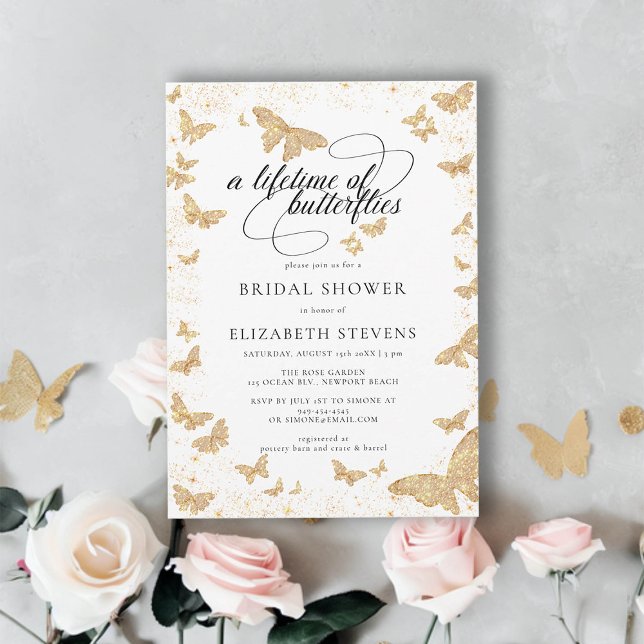 Convite Borboletas da vida moscas Douradas Chá de panela r (lifetime of butterflies bridal shower theme invitation gold garden romantic calligraphy elegant boho)