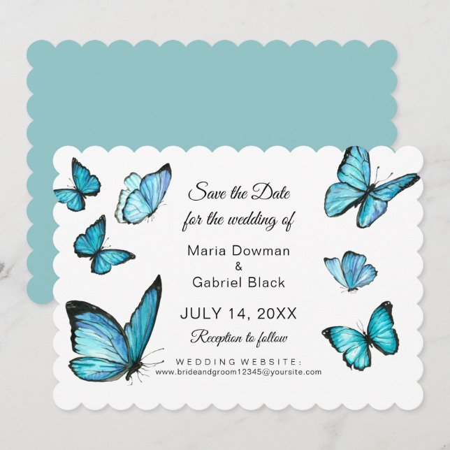 Convite Borboletas de aquarela azul Modernas salvar a data (Frente/Verso)