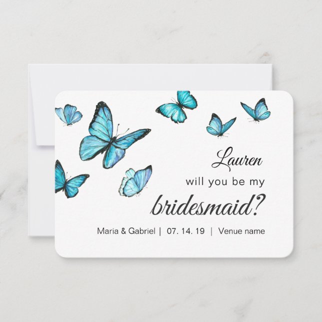 Convite Borboletas de aquarela azul Você Será Minha Noiva (Frente)