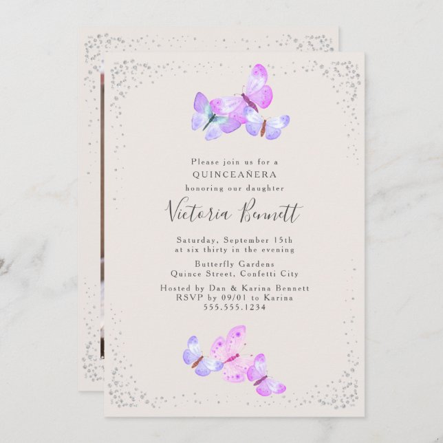 Convite Borboletas de Aquarela Foto Retrato Quinceanera (Frente/Verso)