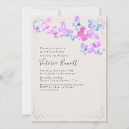 Convite Borboletas de Aquarela Silver Confetti Quinceanera