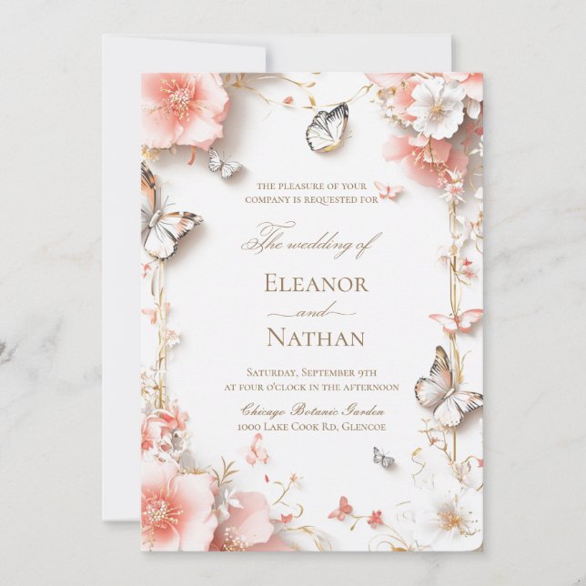 Convite Borboletas de casamento da primavera e flores (Frente)