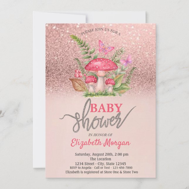 Convite Borboletas de Cogumelo Rose Gold Glitter Chã de Be (Frente)
