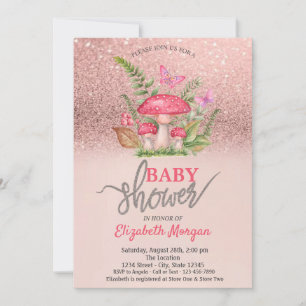 Convite Borboletas de Cogumelo Rose Gold Glitter Chã de Be