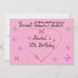 Convite Borboletas de Coração Rosa Doce 16 Aniversário