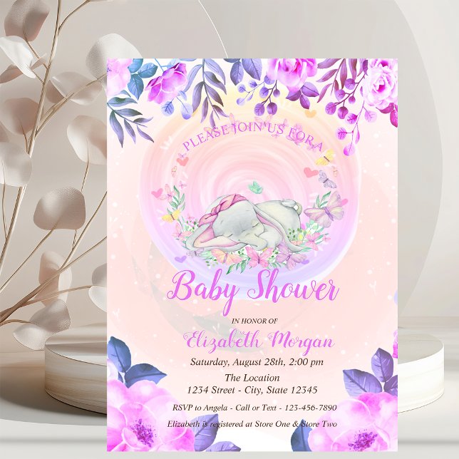 Convite Borboletas de Elefante Bebê Fofo Floral (Criador carregado)