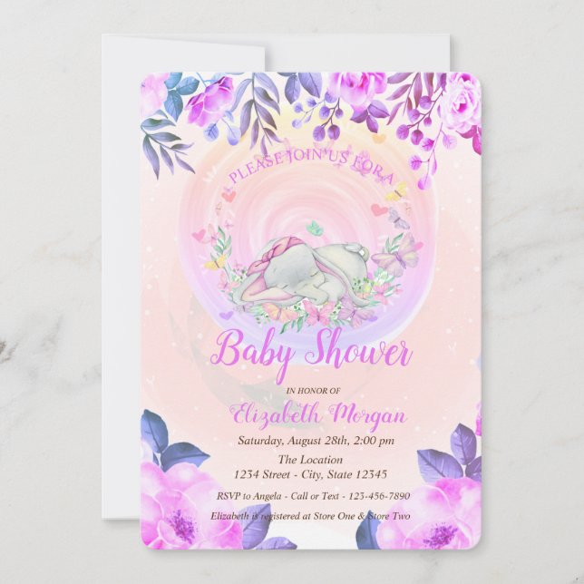 Convite Borboletas de Elefante Bebê Fofo Floral (Frente)