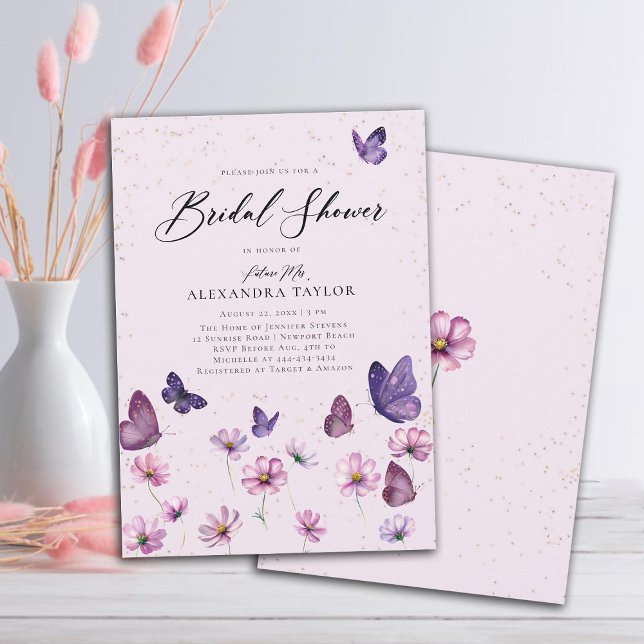 Convite Borboletas de flor selvagem Chá de panela de jardi (Wildflowers Butterflies Purple Garden Bridal Shower invitation elegant boho rustic romantic elegant)