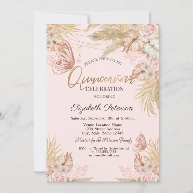 Convite Borboletas de Grama das Pampas Quinceañera  (Frente)
