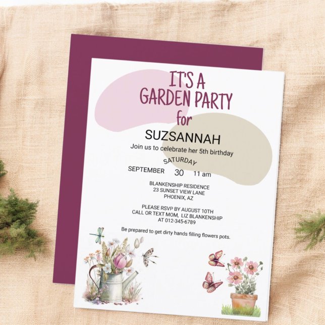 Convite Borboletas de jardim florais Dragonflies Watercolo (front and back garden party invitation template)