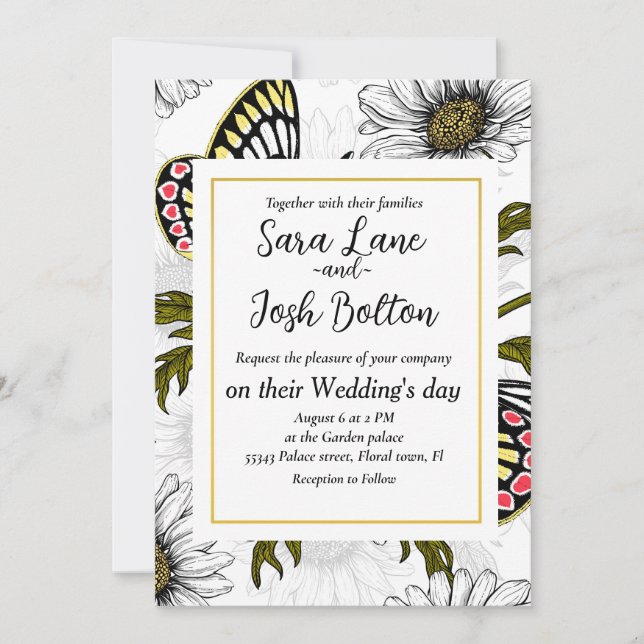 Convite Borboletas de Jezebel e flores margaridas em branc (Frente)