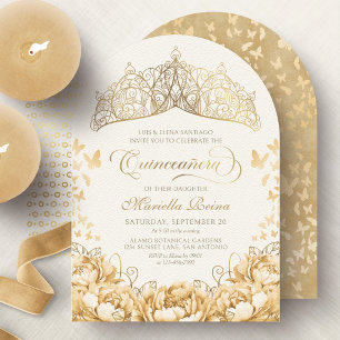 Convite Borboletas de Ouro Amarelo Coroa Floral Quinceaner