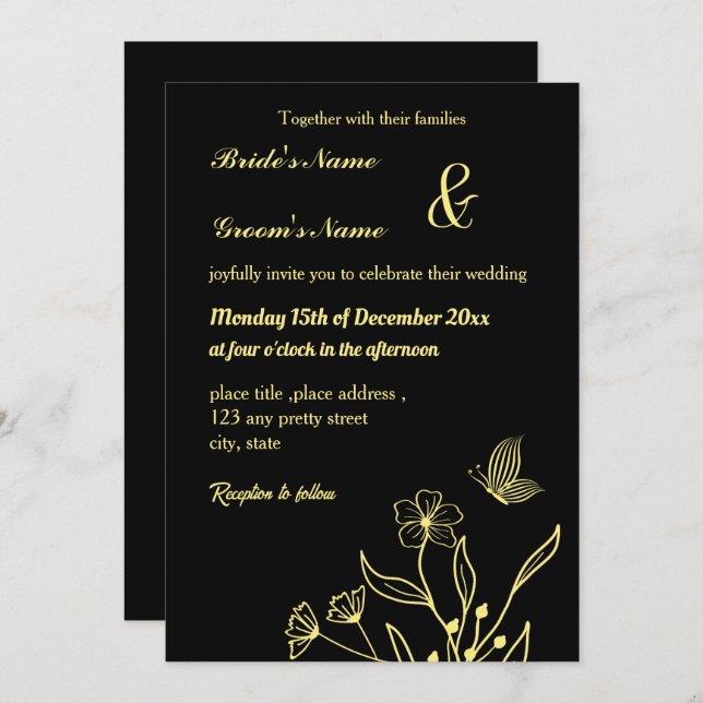 Convite Borboletas de ouro elegantes românticas (Frente/Verso)