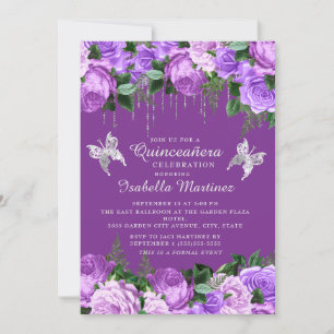 Convite Borboletas de Prata Floral Roxo Escuro Quinceañer