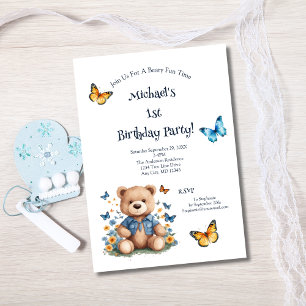 Convite Borboletas de Urso de Pelúcia Aniversário de 1 ano