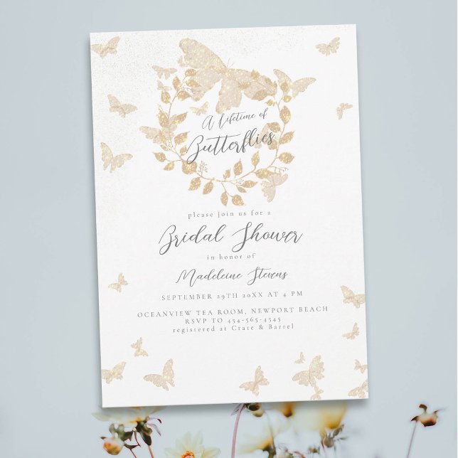 Convite Borboletas Douradas de Lifetime Chá de panela Euca (lifetime of butterflies bridal shower theme invitation gold eucalyptus greenery wreath gold garden)