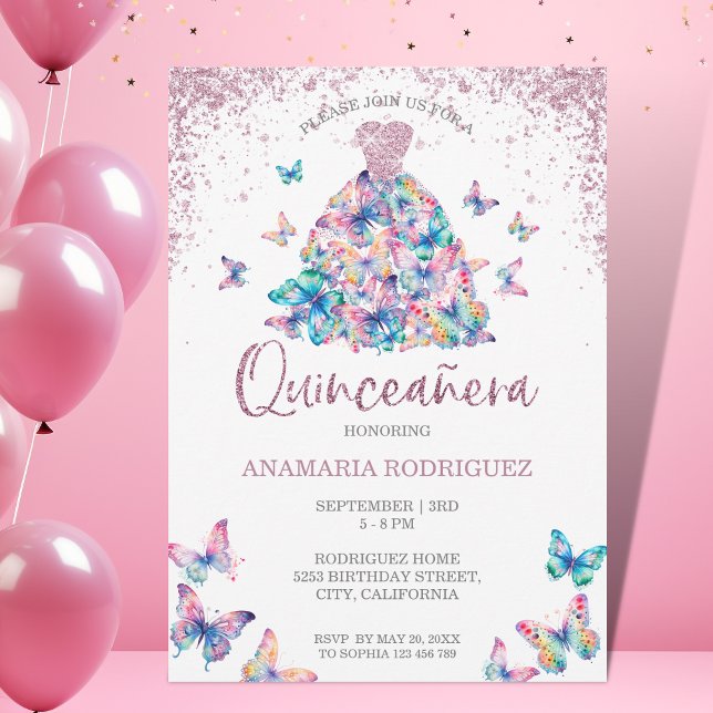 Convite Borboletas Douradas de rosa, Gown Quinceanera (Criador carregado)