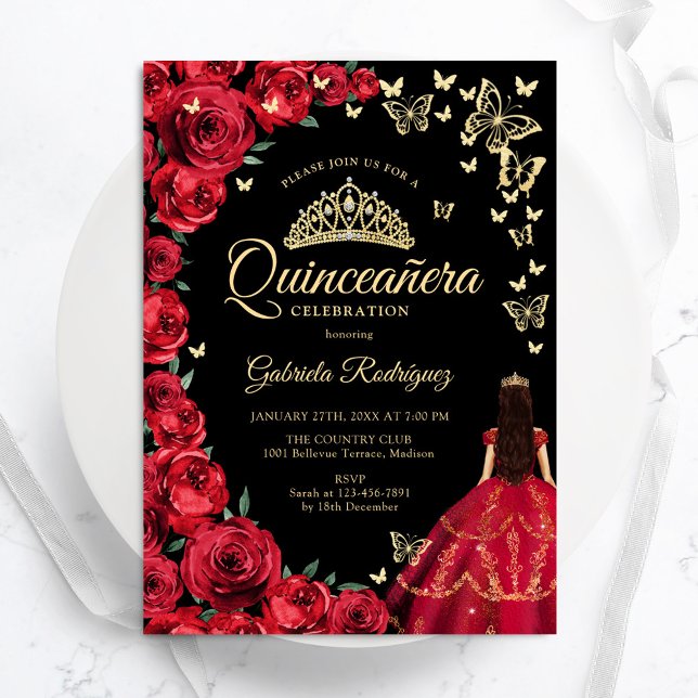 Convite Borboletas Douradas pretas Quinceanera (Criador carregado)