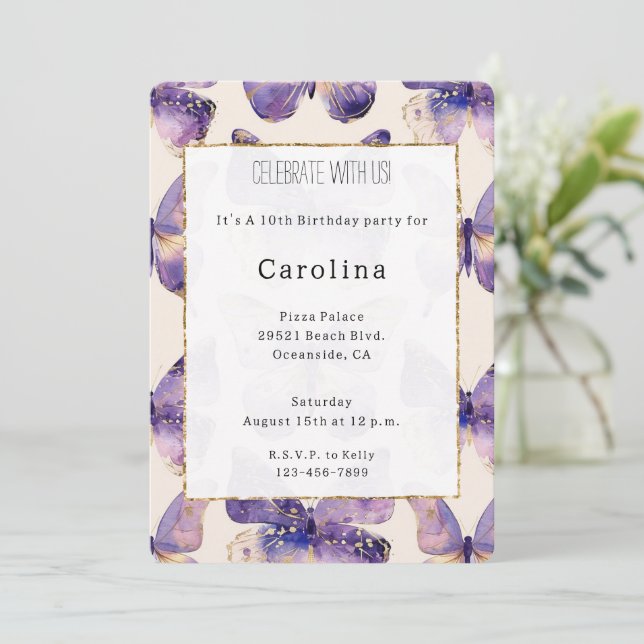 Convite Borboletas Douradas roxas Aniversário (Em pé/Frente)