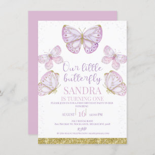 Convite Borboletas Douradas Roxas primeiro aniversario das
