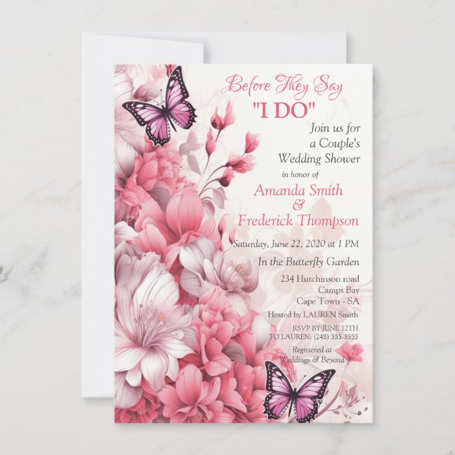 Convite Borboletas e flores em diferentes tons de pinks (Frente)
