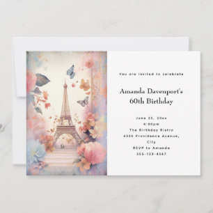 Convite Borboletas e flores em torre Eiffel Aniversário