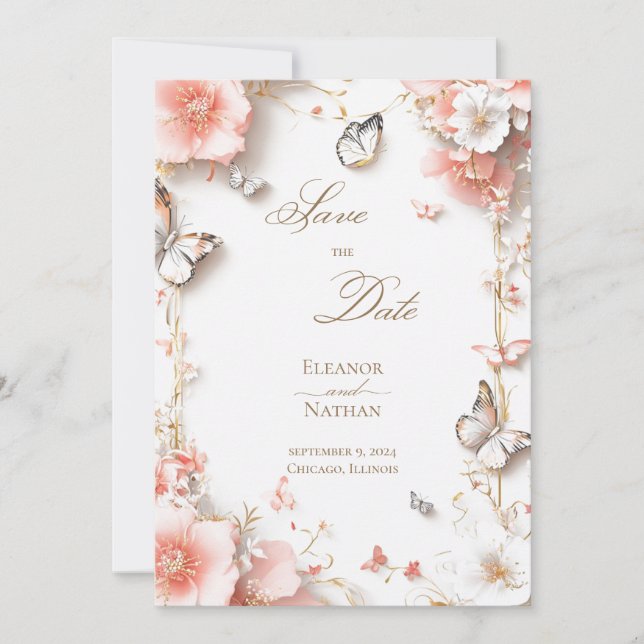 Convite Borboletas e flores Salve a data (Frente)