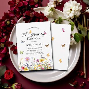 Convite Borboletas e flores selvagens Elegante 75.o aniver