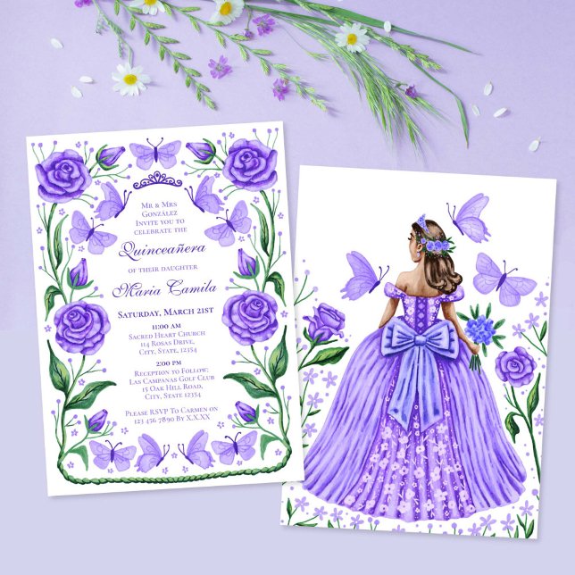Convite Borboletas e Rosas Lilac Princess Quinceanera (Butterflies and Roses Lilac Princess Quinceanera Invitation)