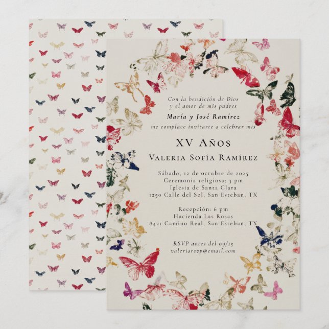 Convite Borboletas Elegante Quinceañera 15 Birthday (Frente/Verso)