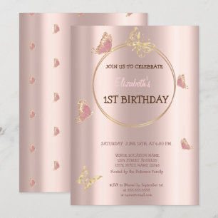 Convite Borboletas Elegantes Rosa Dourado Aniversário