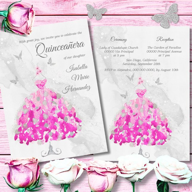 Convite Borboletas Elegantes, Rosa e Prata Quinceañera (Criador carregado)
