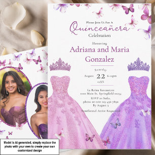 Convite Borboletas Elegantes Vestem Gêmeas Quinceanera
