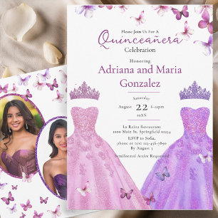 Convite Borboletas Elegantes Vestem Gêmeas Quinceanera