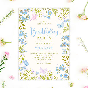 Convite Borboletas florais azuis de aniversário