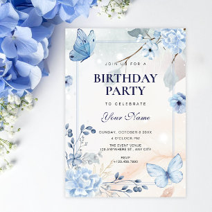 Convite Borboletas florais azuis de aniversário