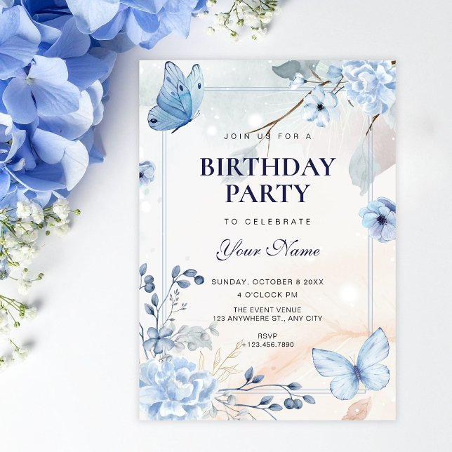 Convite Borboletas florais azuis de aniversário (Criador carregado)